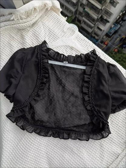 Aesthetic Gothic Lolita Black Lace 3 Piece Skirt Set Women Puff Sleeve Cardigan+Bow Cami Y2K Tops+Cake Mini Skirt Kawaii Outfit