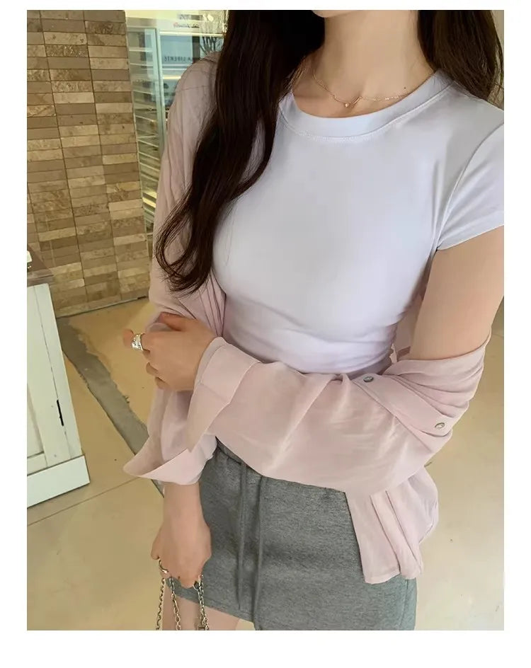 Women's Basic Solid Crop Top Short Sleeve Crewneck Skinny T-shirt Summer Casual Y2K Vintage Harajuku Streetwear