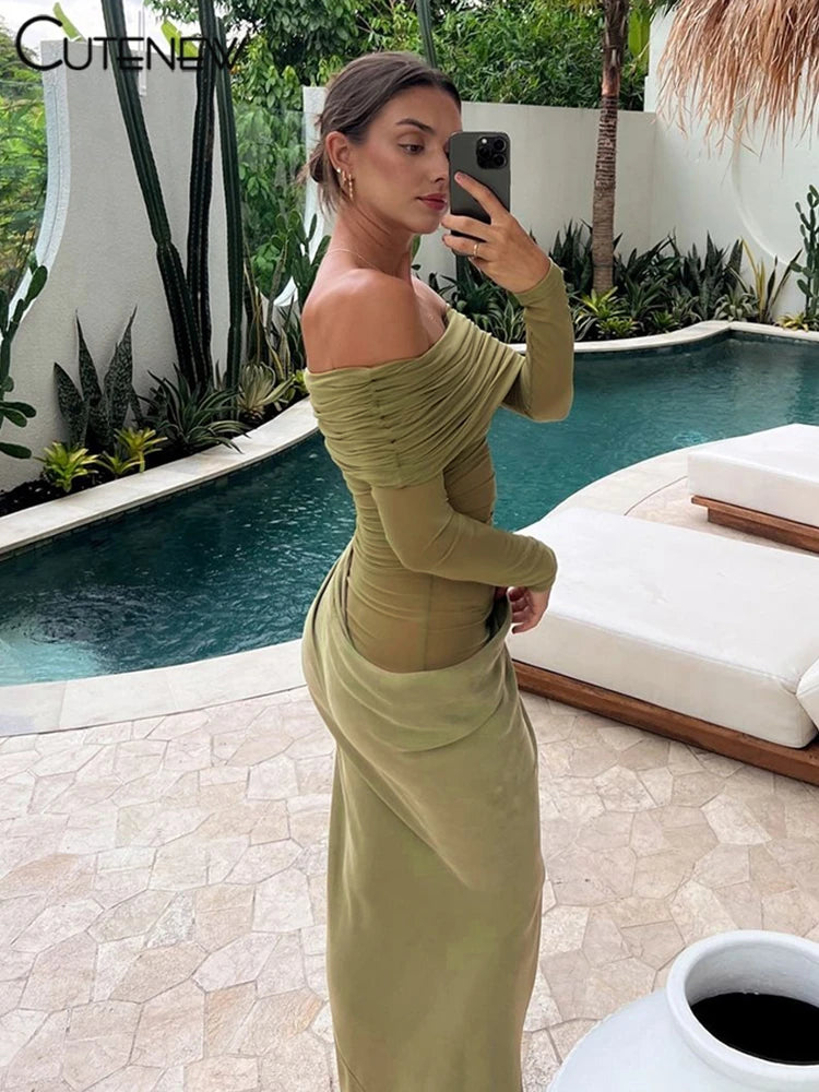 Mesh Ruched Maxi Dress - Sexy Sheath Off Shoulder Ankle Length Party Dress