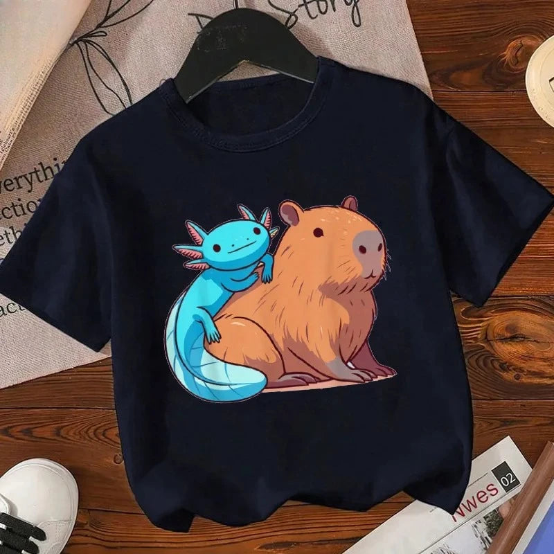 Axolotl Kawaii T Shirt Kid Summer Fashion T Shirt Children Streetwear Boba Axolotl Anime Casual Child Clothing Bithday Tshirts