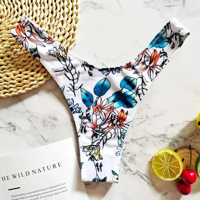 Sexy Flower Print Swimwear Women Briefs V Shape Bikini Bottom Brazilian Thong Swimsuit Classic Cut Bottoms Biquini Swim Short