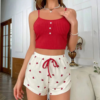  New Ribbed Blue Pajama Set Women's Heart Print Cami Top and Shorts Soft Comfortable Loungewear Cute Trendy Fashion Hot Sale