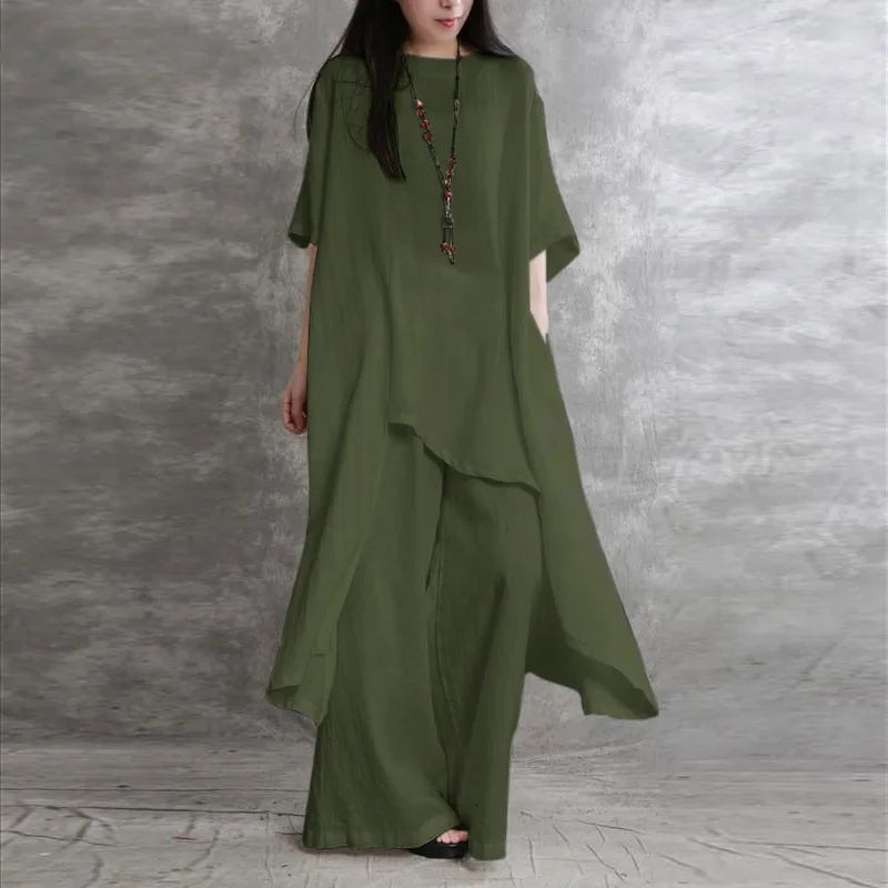 Women's Cotton Linen 2-piece Sets Large Size Casual Wear Sportswear Suit Short-Sleeved O-Neck Top Wide Leg Pants Suits For Women