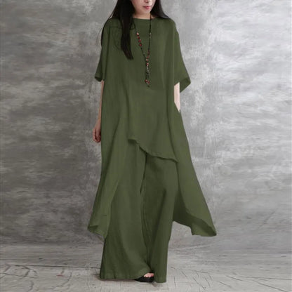 Women's Cotton Linen 2-piece Sets Large Size Casual Wear Sportswear Suit Short-Sleeved O-Neck Top Wide Leg Pants Suits For Women