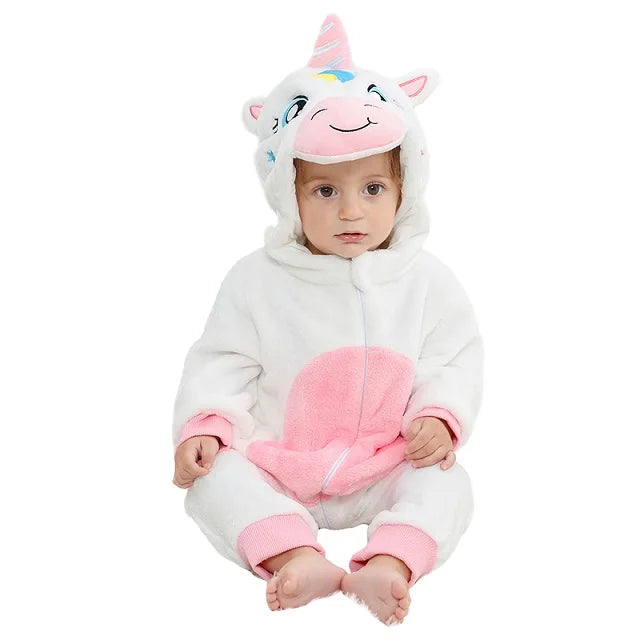 Baby Winter Rompers - Soft Polyester Hooded Jumpsuit With Animal Pattern, Machine Washable