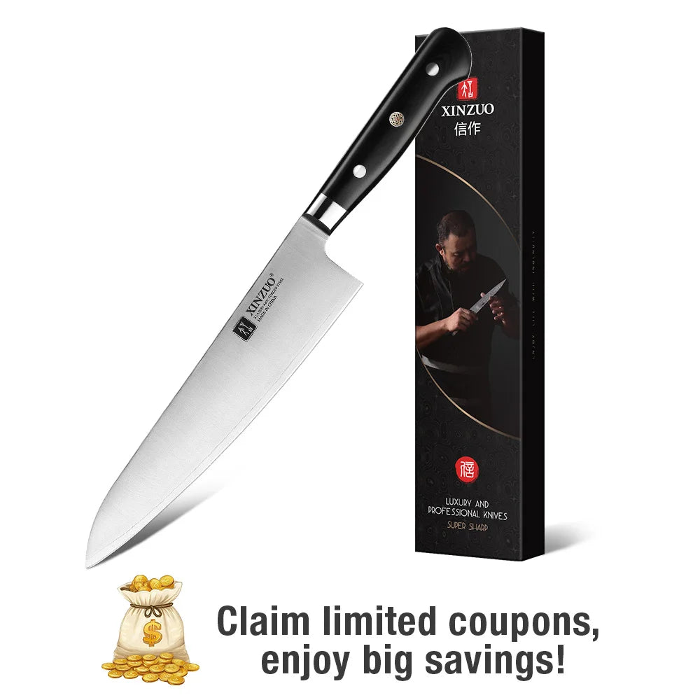 XINZUO 210mm Chef Knife - 3 Layer 440C Core Clad Steel Gyutou with G10 Handle