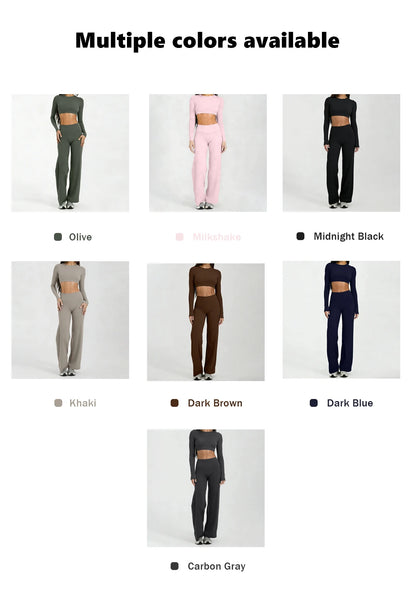 Running Sportswear Women 2 Piece Set Short Cropped Long Sleeve Top Straight Leg Yoga Pants Breathable Quick Dry Gym Suit