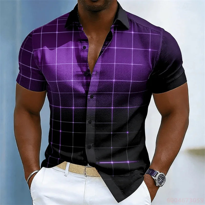 Men's color-blocked abstract striped short-sleeved shirt, summer fashion casual men's shirt, Hawaiian shirt, sizes XS-6XL.