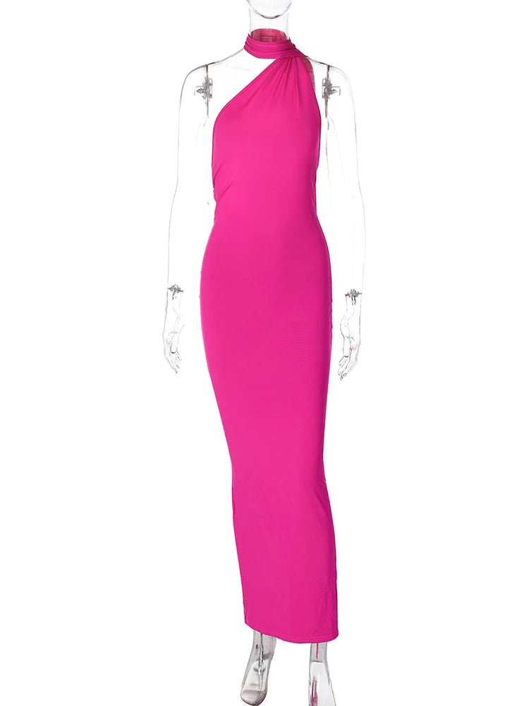 Hugcitar One Shoulder Backless Adjustable Scarf Loop Ruched Sexy Maxi Dress Women Elegant Y2K Streetwear Festival Outfit