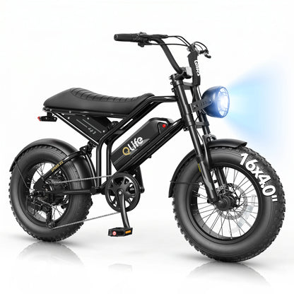 Qlife Spark D1 Electric Bike for Adults, 1500W Peak Motor 48V 10.4 Ah, 16" Fat Tires Electric Mountain Bike, 28 MPH 50Mi Range Off-Road Ebike with Full Suspension