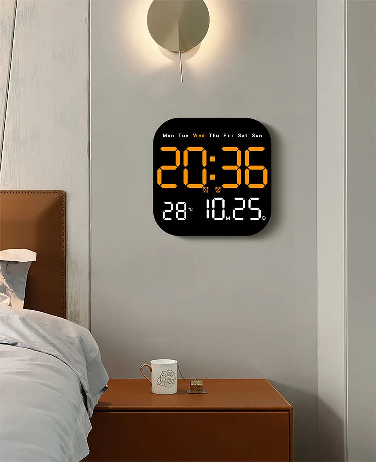 Digital Wall Clock with Temperature and Date - LED Alarm Clock 1224H Remote Control