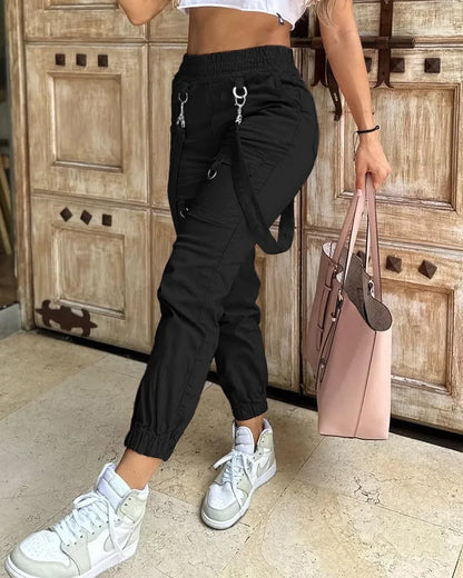 Women's Cargo Pants Casual Trousers 2026 Spring Autumn Solid Color Trend Street Pocket Design Cuff Suspenders Streetwear Women