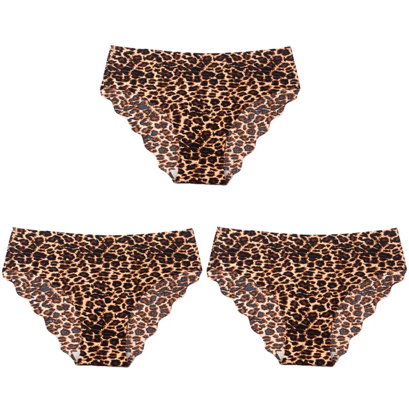 3pcs Women's Seamless Ice Silk Panties Female Mid Waist Plus Size Leopard Print Underwear Girls Fashion Brief Lady Comfort Panty
