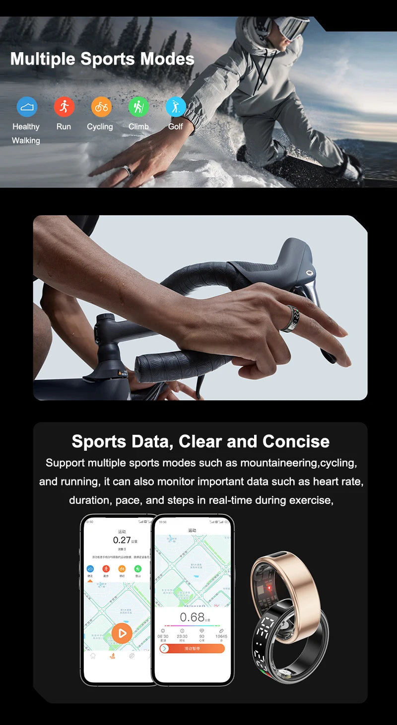 Fitness Sleep Smart Ring LED Display Screen Heart Rate Blood Oxygen Monitoring Outdoor Sports Modes IP68 & 5ATM Waterproof Ring