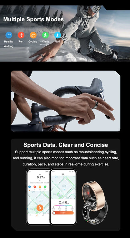 Fitness Sleep Smart Ring LED Display Screen Heart Rate Blood Oxygen Monitoring Outdoor Sports Modes IP68 & 5ATM Waterproof Ring