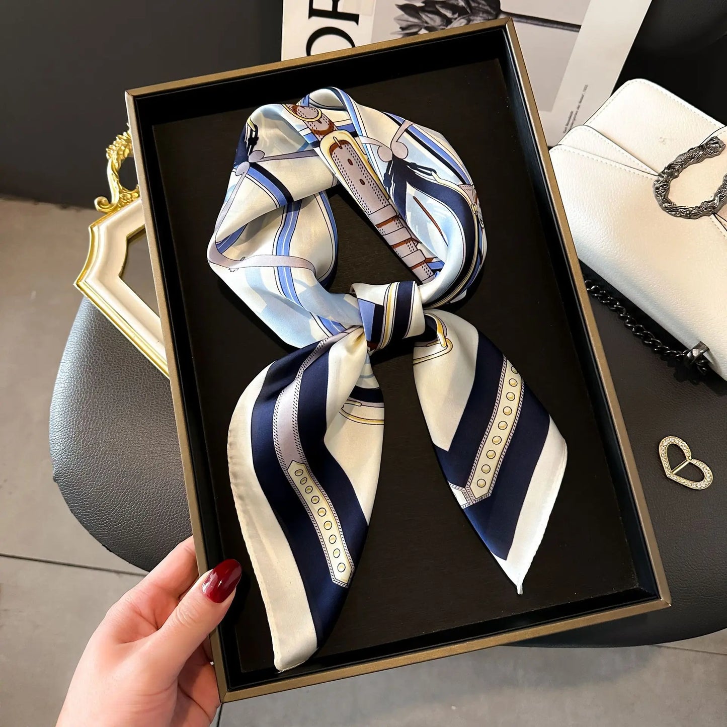 Luxury Silk Scarf - Chain Print Thin Neck Scarf for Women 70x70cm