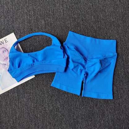2 Pieces Yoga Suit for Women Seamless Fitness Gym Clothes Halter Sports Bra Matching Impact Shorts Workout Sets Gym Outfit