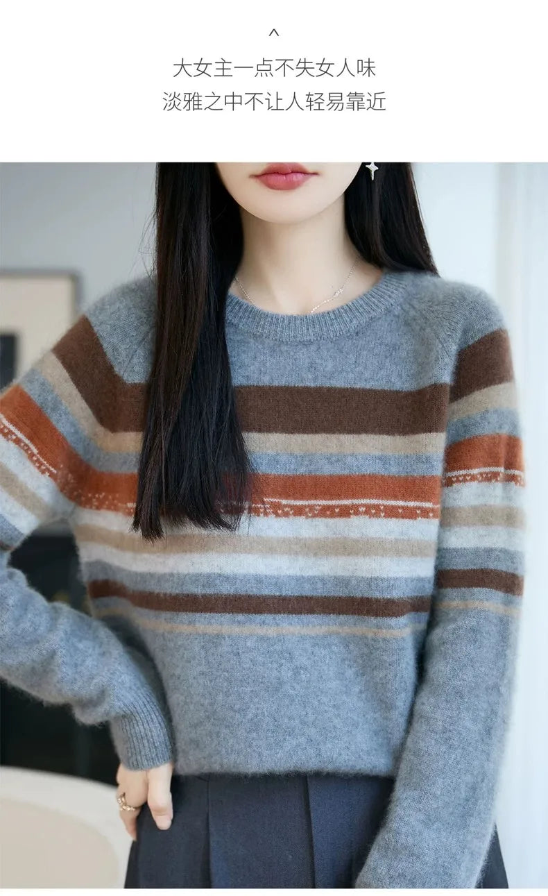 Autumn and winter 100% pure wool striped retro style round-neck wool knit women's long-sleeved versatile sweater top