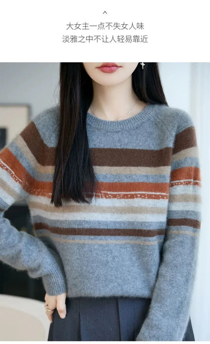 Autumn and winter 100% pure wool striped retro style round-neck wool knit women's long-sleeved versatile sweater top