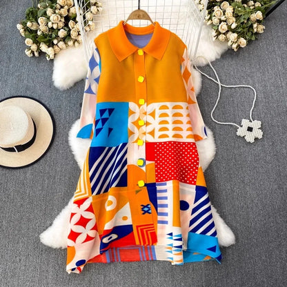Miyake Pleated Drape Dress Women 2024 Spring Summer Colorblock Printing Lapel 3/4 Sleeve Single-breasted Fashion Shirt Dresses