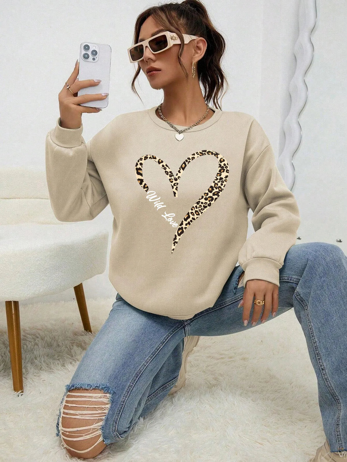 Leopard Wild Heart Pattern Print Female Sweatshirt Street Fur-Liner Pullovers Hipster Clothing All-Match Crewneck Tracksuit
