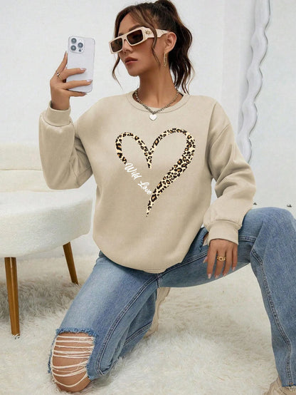 Leopard Wild Heart Pattern Print Female Sweatshirt Street Fur-Liner Pullovers Hipster Clothing All-Match Crewneck Tracksuit