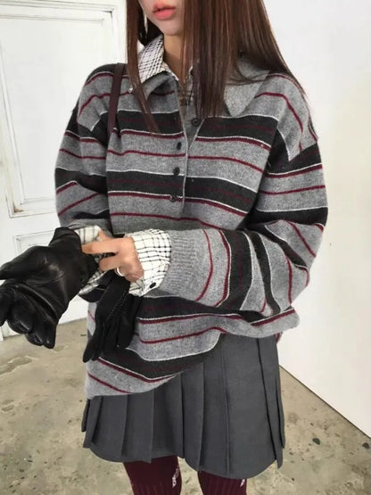 Retro Korean Style Striped Loose Fit Long Sleeve Knitwear Casual Comfortable Warm Collared Sweater for Women Spring Autumn Wi...