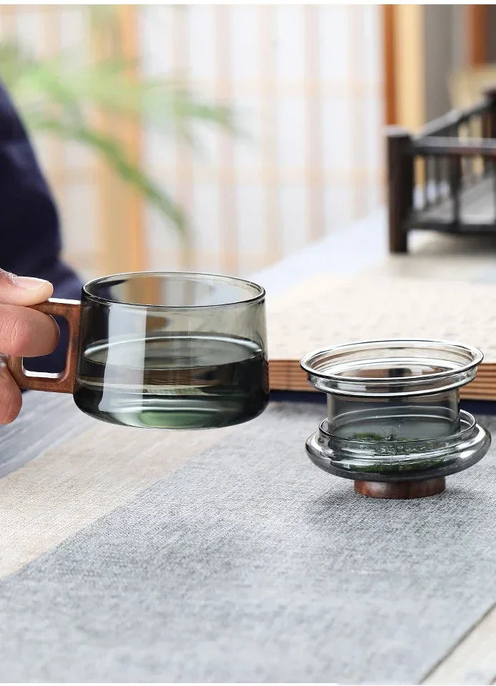 Heat Resistant Glass Tea Infuser Cup - 200ml Teacup with Wood Handle and Filter for Kung Fu Tea Set - ZOOMNSTORE
