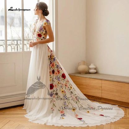 Lakshmigown Sexy Bohemian Bridal Gown A Line Chiffon Wedding Dress Floral Embroidery Lace Beach Bride Dresses 2026 New Arrival