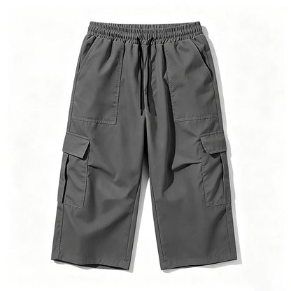 2026 New Men Multi Pocket Cargo Capri Shorts Loose Fit Daily Street Travel Outdoor Casual Drawstring Waist Cropped Short Pants