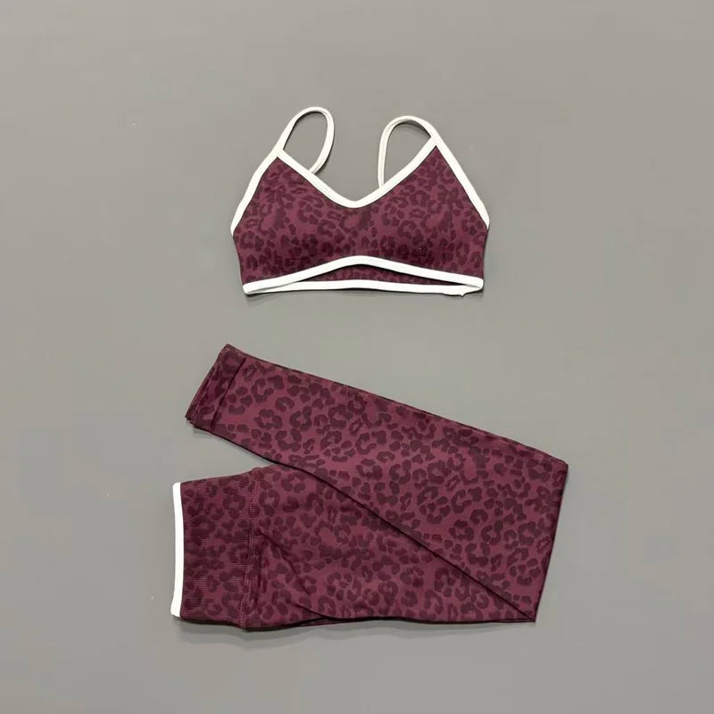 2 Pcs Fitness Sets Women Leopard Print Contrast Edge Removable Pad Bra Breathable Squat Proof Pants Suit Sports Workout Set