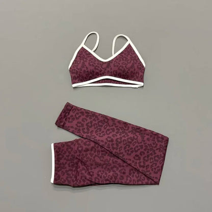 2 Pcs Fitness Sets Women Leopard Print Contrast Edge Removable Pad Bra Breathable Squat Proof Pants Suit Sports Workout Set
