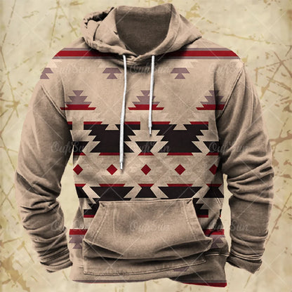 Men Hooded Vintage Print  Sweatshirt Ethnic Style Hoodie Autumn and Winter Oversized Casual Men's Clothing Daily Street Pullover
