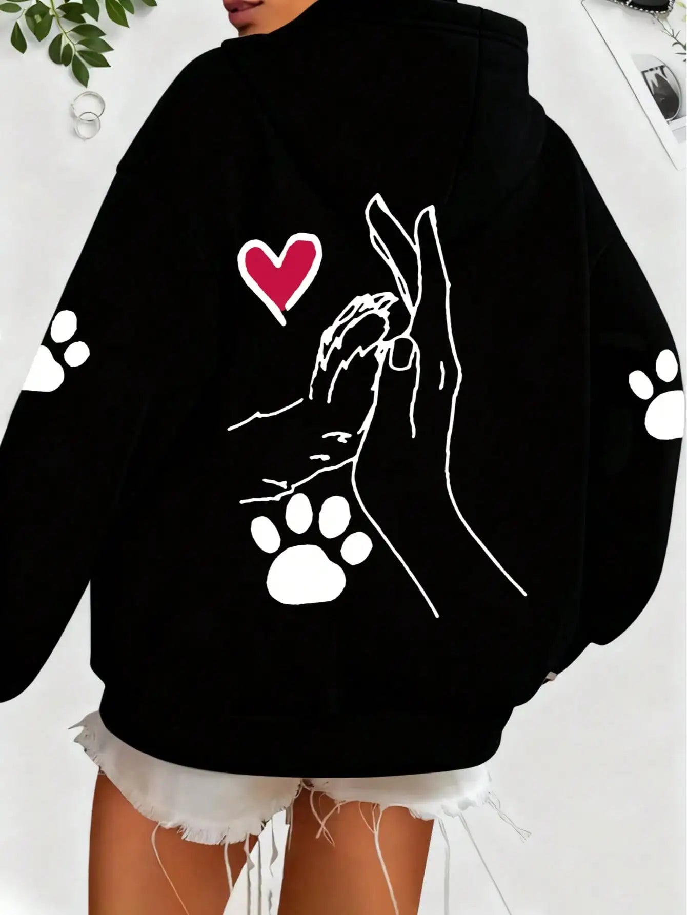 Ladies' casual and elegant polyester hoodie with dog and heart-shaped paw prints, hoodie, animal pattern