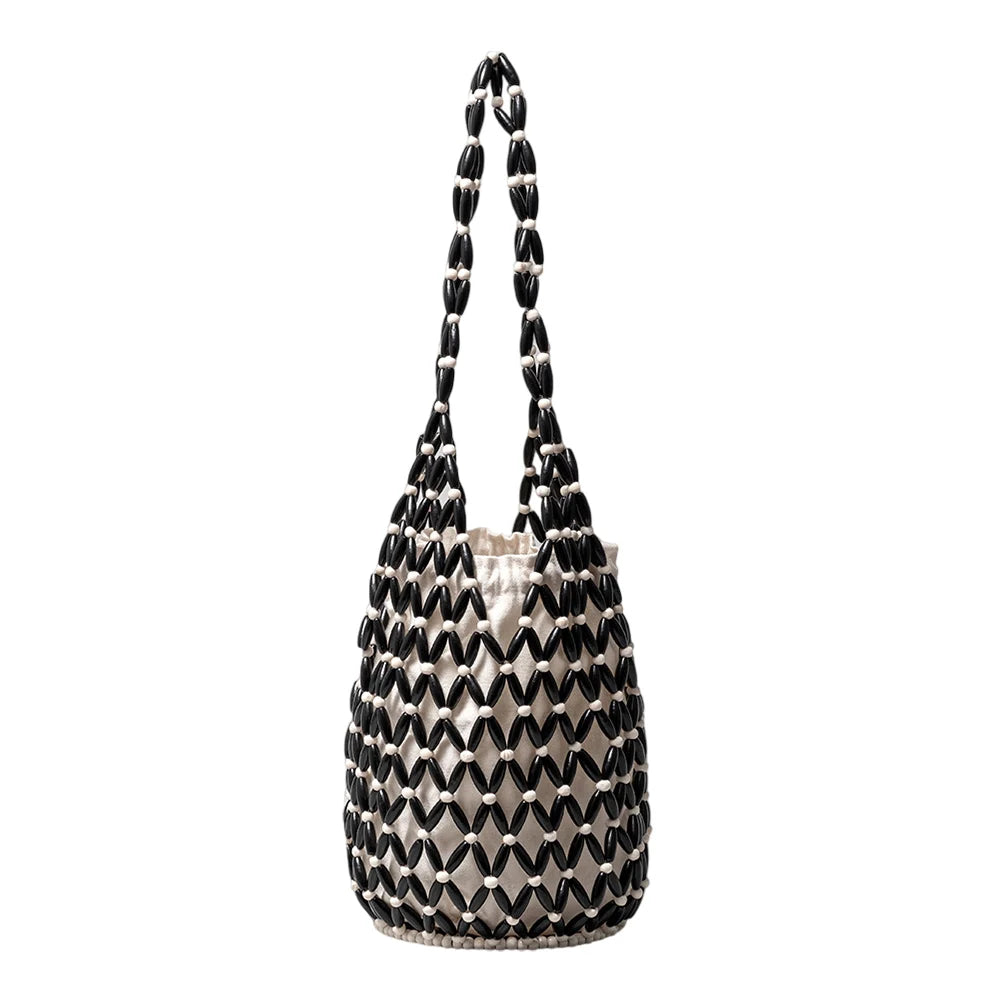Handmade Wooden Beaded Tote Bag - Woven Shoulder Bag for Travel - ZOOMNSTORE
