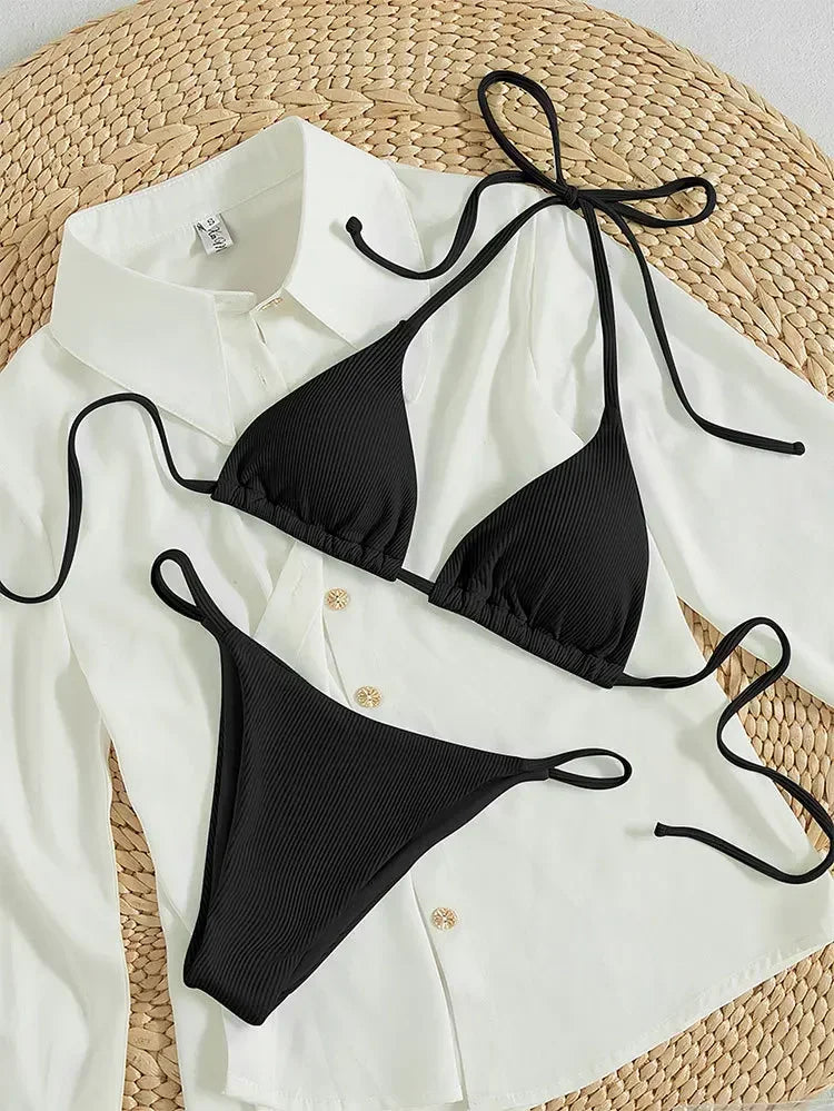 Sexy Women Thong Solid Color Bikini Set Side Halter Tie Swimsuit Ladies Split Strap Adjustable Brazilian Swimwear Beachwear