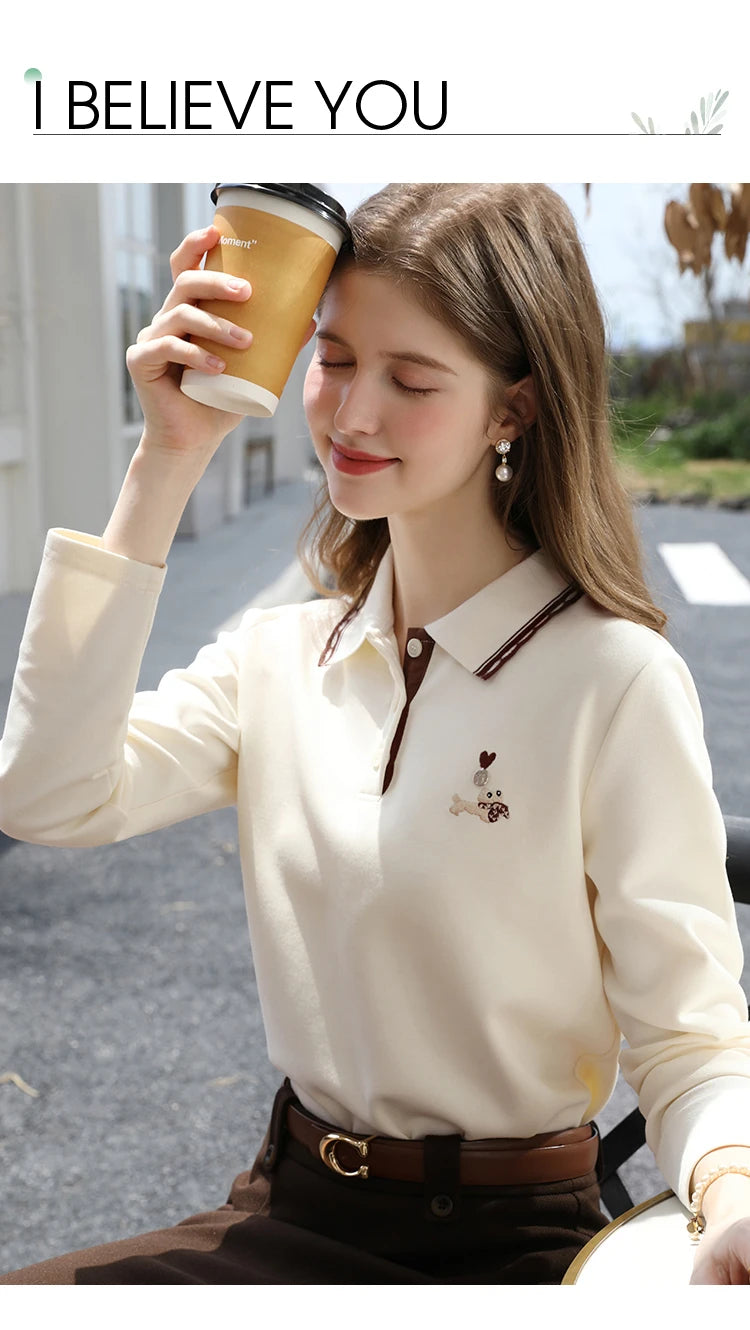 Polo Neck T-shirt - Long Sleeve Apricot Top With Embroidery Detail | Casual Women Shirt