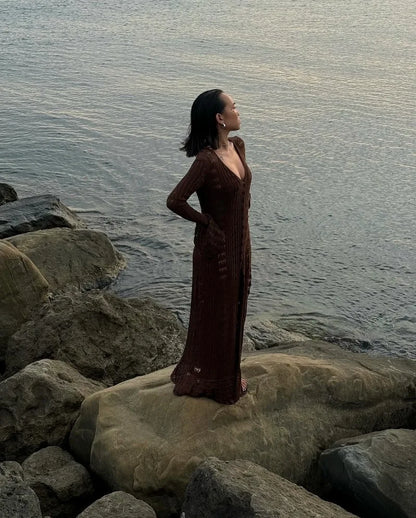 Deep V Neck Long Cardigan Dress - Elegant Hollow Knit Cover Up for Women