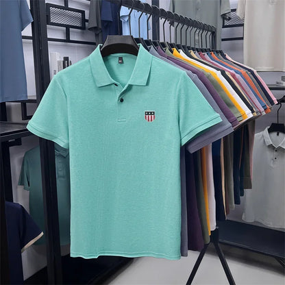 Men's Summer Luxury 100% Cotton Polo Shirt, Lapel Print Short Sleeve T-shirt, Breathable Business Casual Menswear
