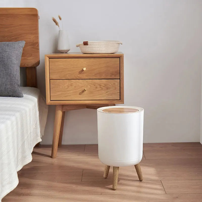 Wooden High Foot Trash Can - Creative Bathroom  Kitchen Wastebin with Press Cover