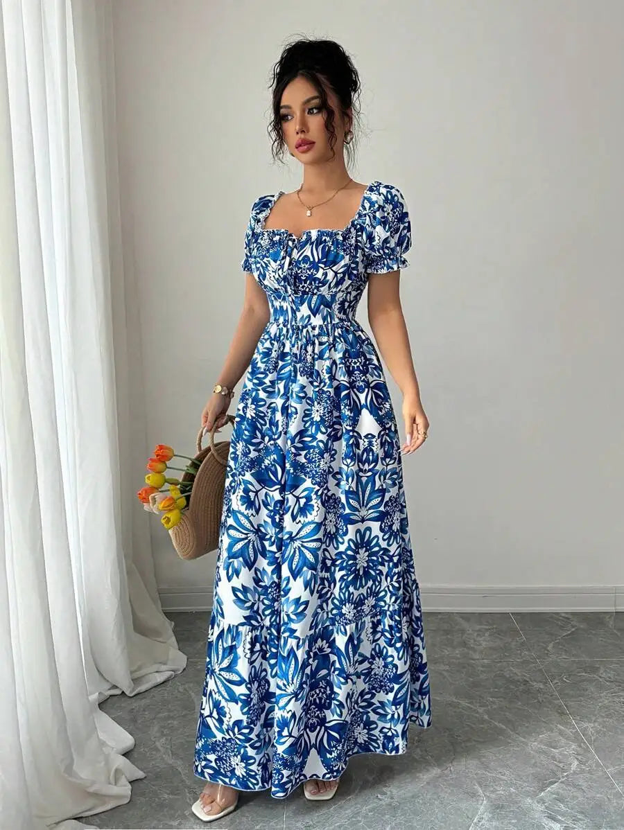Women's Floral Dress - Blue Bubble Sleeve Ankle Length Casual Vacation Dress