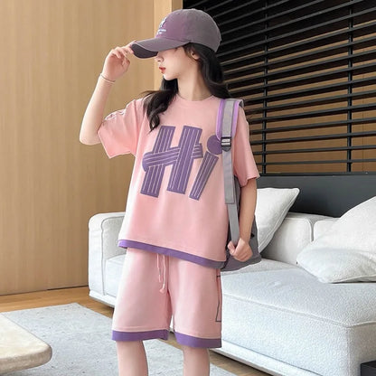 Girls Print Sets Summer Children Short-sleeved Suits Teenage Letter T-shirt+Shorts 2 Pcs Kids Clothing Tracksuit Outfits 3-12Y