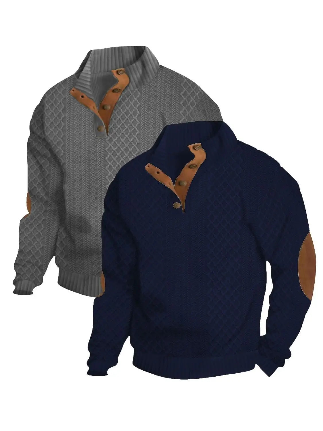 Men's Waffle Knit Quarter Zip Pullover with Contrast Trim and Elbow Patches Casual Long Sleeve Sweater