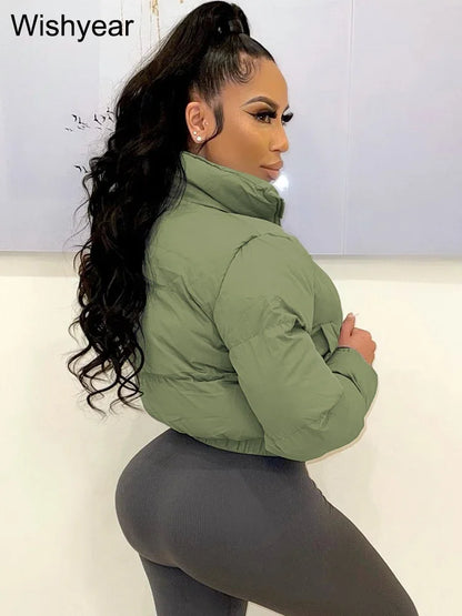 Winter Thick Warm Cotton Down Jacket Women Clothing Gray Zipper Short Puffer Parkas Coats Outwear Female  Crop Tops Streetwear