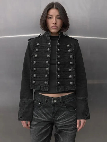 Y2K Retro Hussars Jacket Stand Collar Double Breasted Button Cropped Jacket Napoleon Old Money BLK Denim Jacket Women Boxy Coat