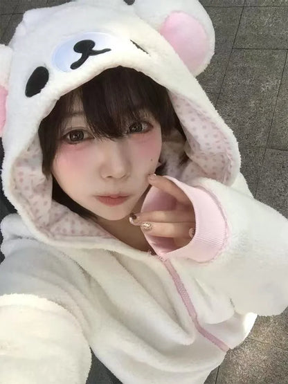 Cute Japan Bear Sleepwear Rilakkuma Y2K Hoodie Pajama Set Girls Fleece Lined Hooded Homewear Suit Autumn Winter Loungewear New
