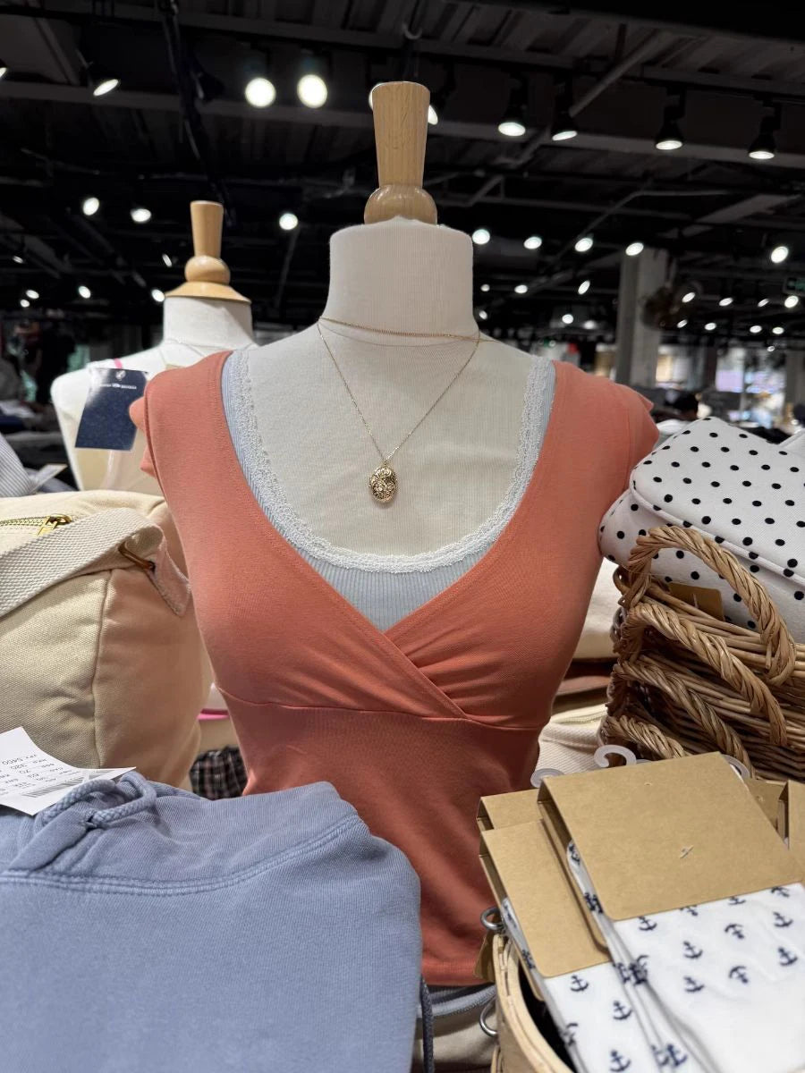 New Rose Red Slim Crop Top Woman Sexy V-neck Short Sleeve Cotton Cropped T-shirt Solid Casual Simple Sweet All-match Tee Tops