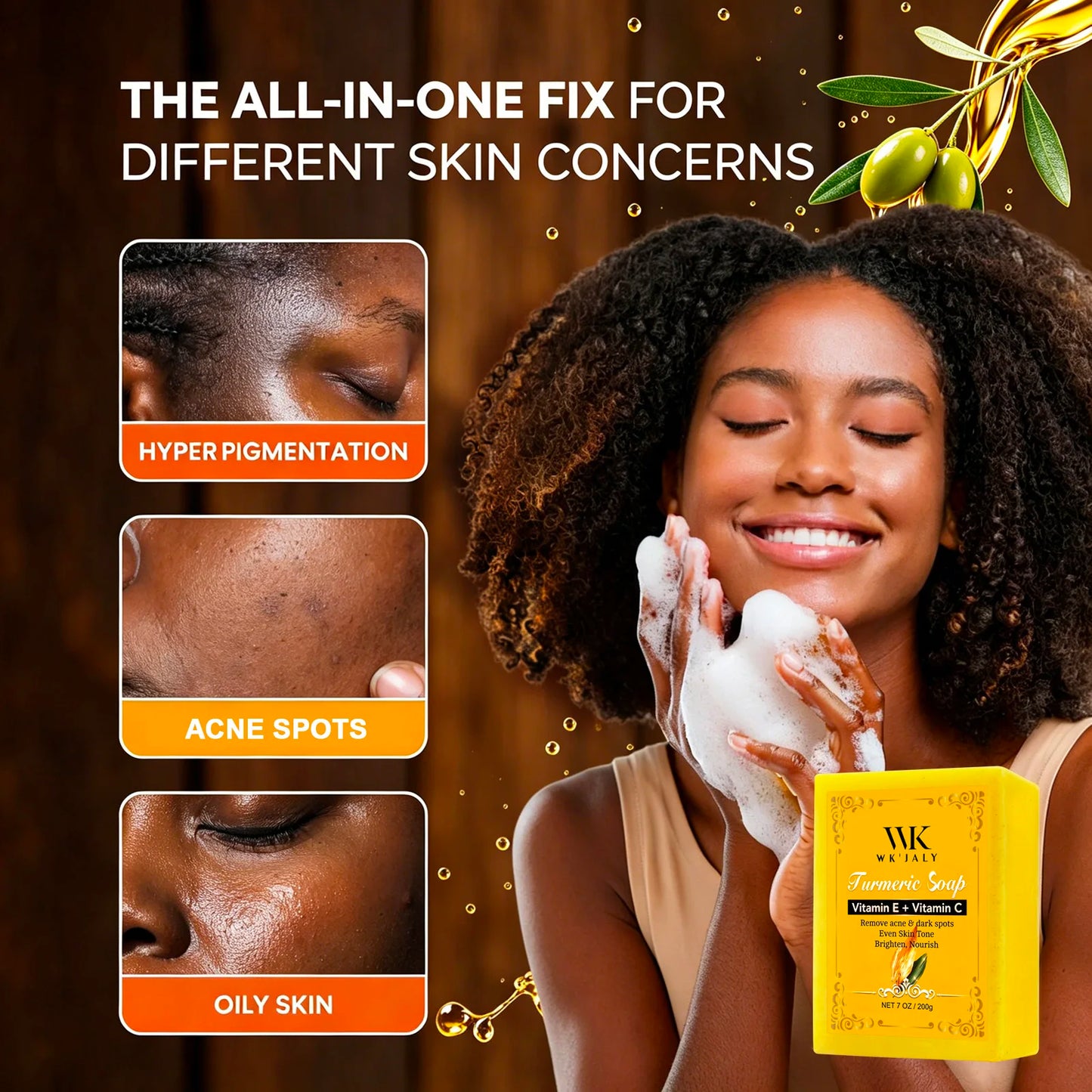 WK JALY Natural Turmeric Soap, Vitamin E + Vitamin C Body Wash, Remove Acne, Dark Spots, Even Skin Tone for Women, 200g/7oz