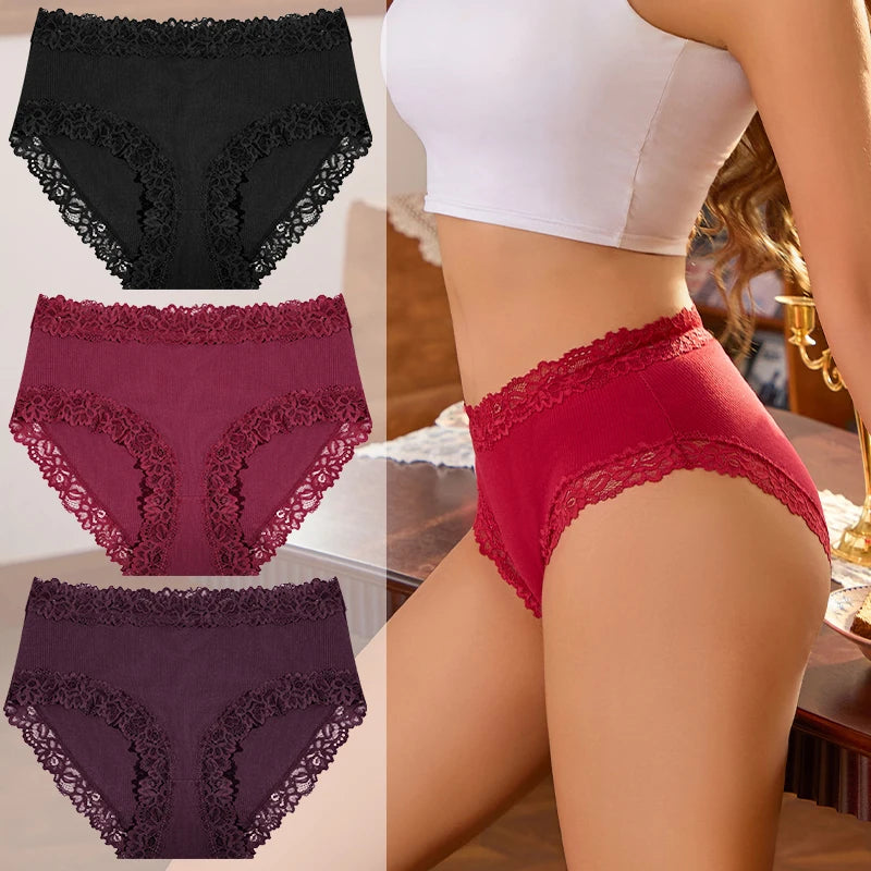 3PCS/Set Women Cotton Panties Lace Low Waist Briefs Trendy Patchwork Lace Intimate Underwear Stretch Comfortable Ladies Lingerie