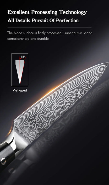 Damascus Steel Kitchen Knife – 5 Inch Utility Knife with Black G10 Handle, Rust Resistant Blade